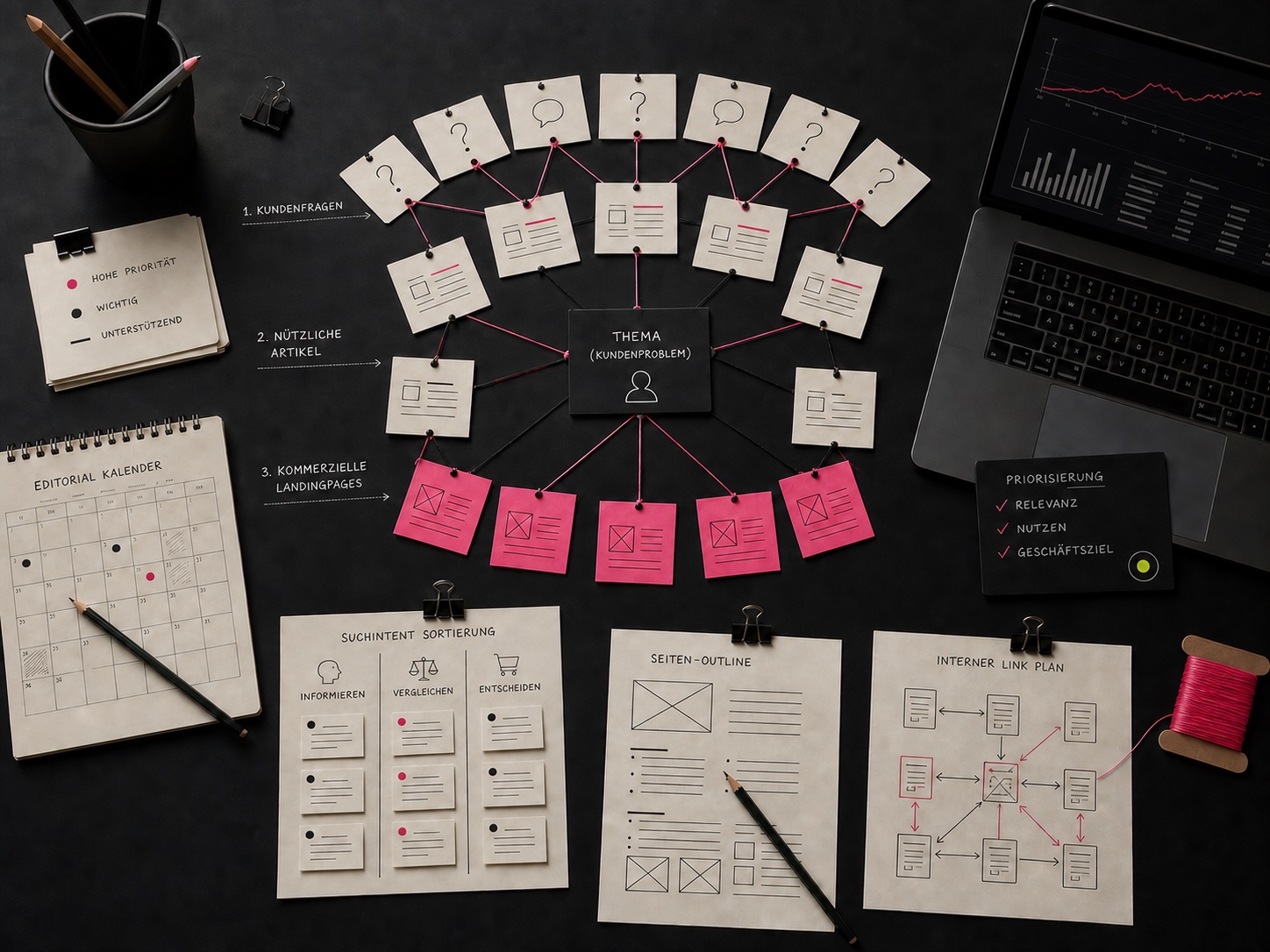 Themencluster mit Kundenfragen, Fachartikeln und Landingpages sowie Suchintention, Seitenstruktur und internem Linkplan.