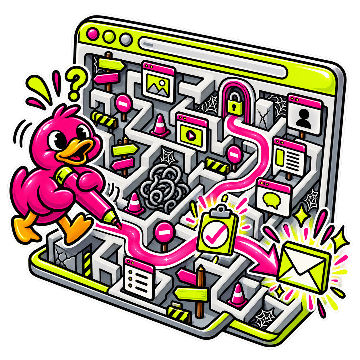 Pinke Ente zeichnet durch ein verwirrendes Website-Labyrinth einen klaren Weg zum Kontakt
