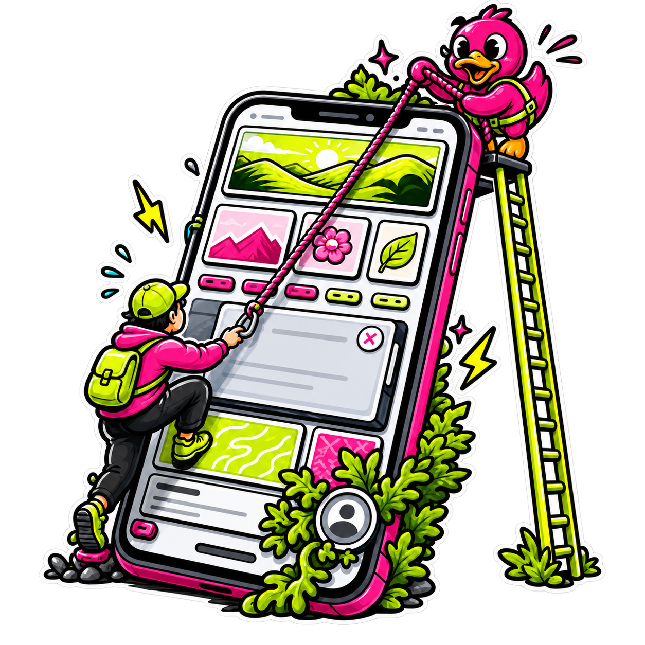 Pinke Ente hilft einem Besucher durch eine überladene mobile Website zum erreichbaren Kontakt