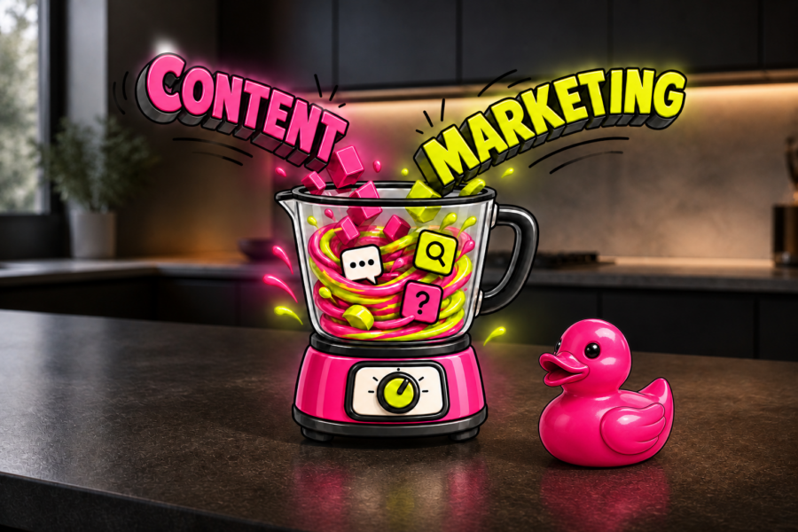 Illustration eines Mixers, in den die Begriffe Content und Marketing fallen, daneben eine pinke Gummiente auf einer Küchentheke