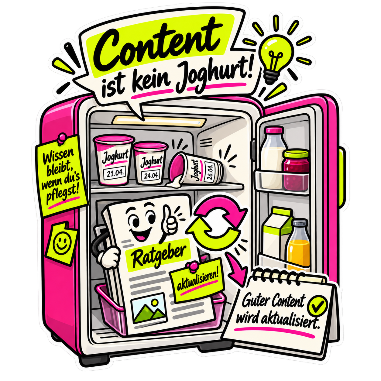 Humorvolle Illustration dazu, dass hilfreicher Content aktualisiert statt nach kurzer Zeit weggeworfen werden sollte