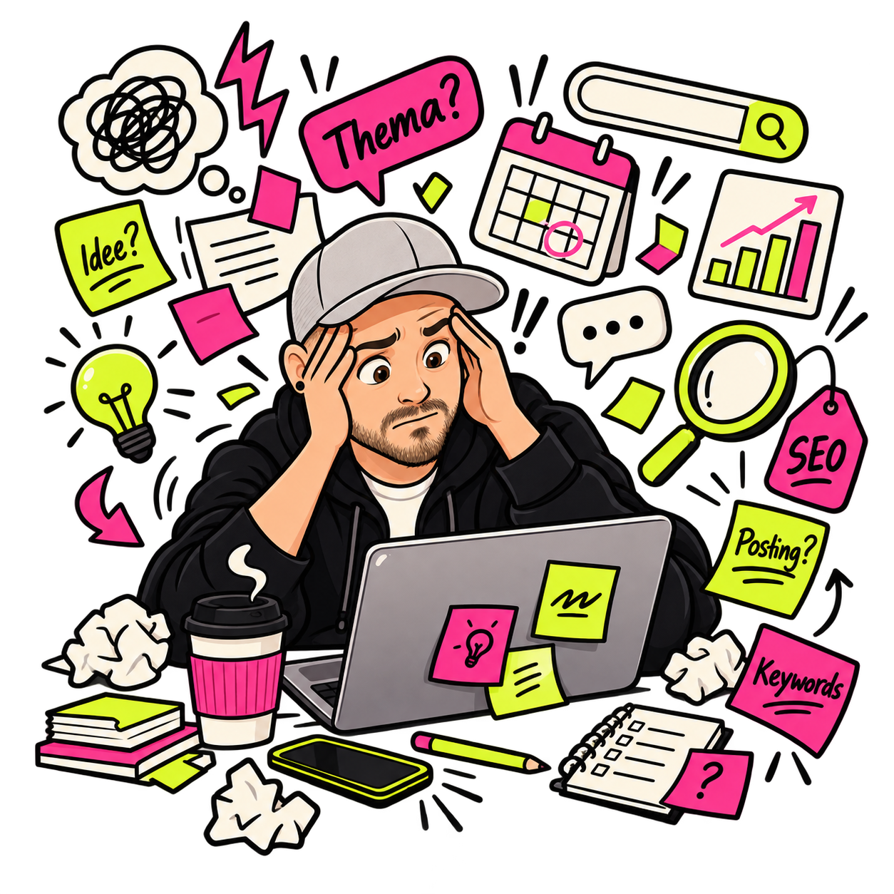 Illustration zu Content-Marketing-Kopfschmerzen durch zu viele Keywords, Themen und Aufgaben