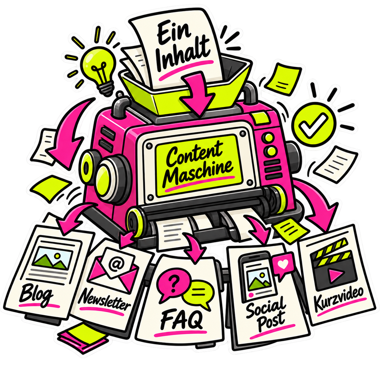 Illustration zur Wiederverwendung eines Kernthemas für Blog, Newsletter, Social Media, FAQ und Video