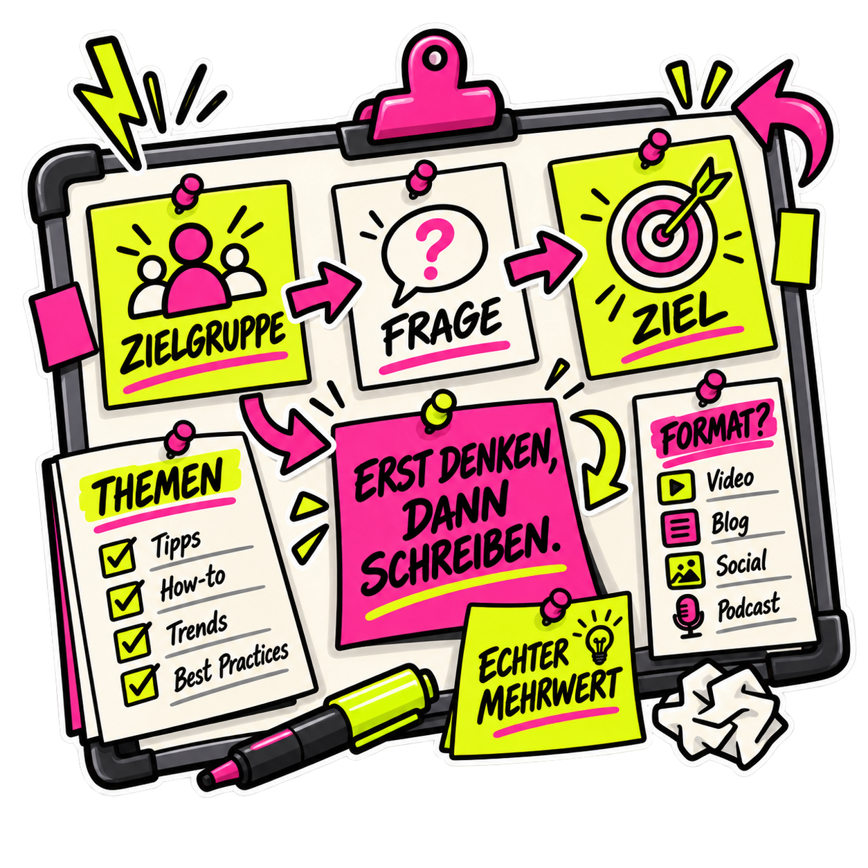 Infografische Illustration zur Content-Strategie aus Zielgruppe, Kernfrage und Kommunikationsziel