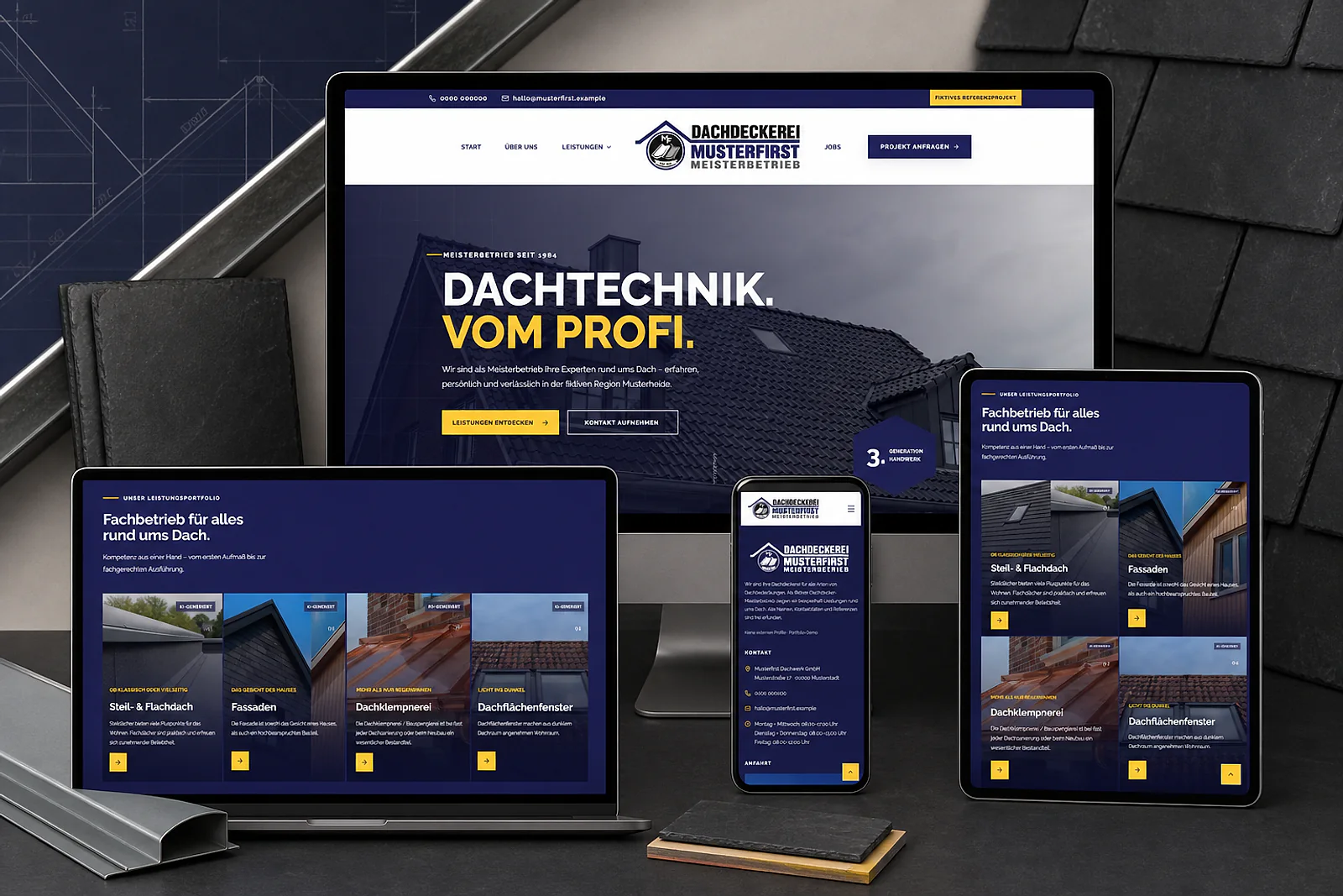 Fiktive Website Musterfirst Dachwerk auf Desktop, Laptop, Tablet und Smartphone