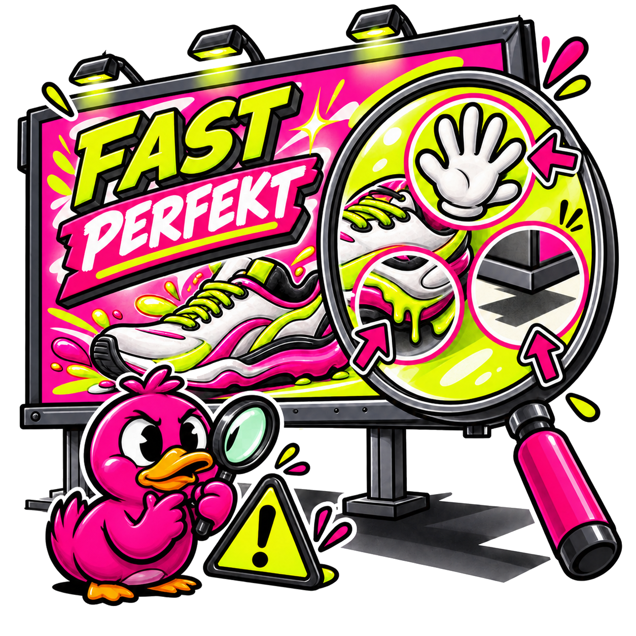 Pinke Comic-Ente mit orangefarbenem Schnabel prüft mit einer Lupe Fehler in einem fast perfekten KI-Werbeplakat