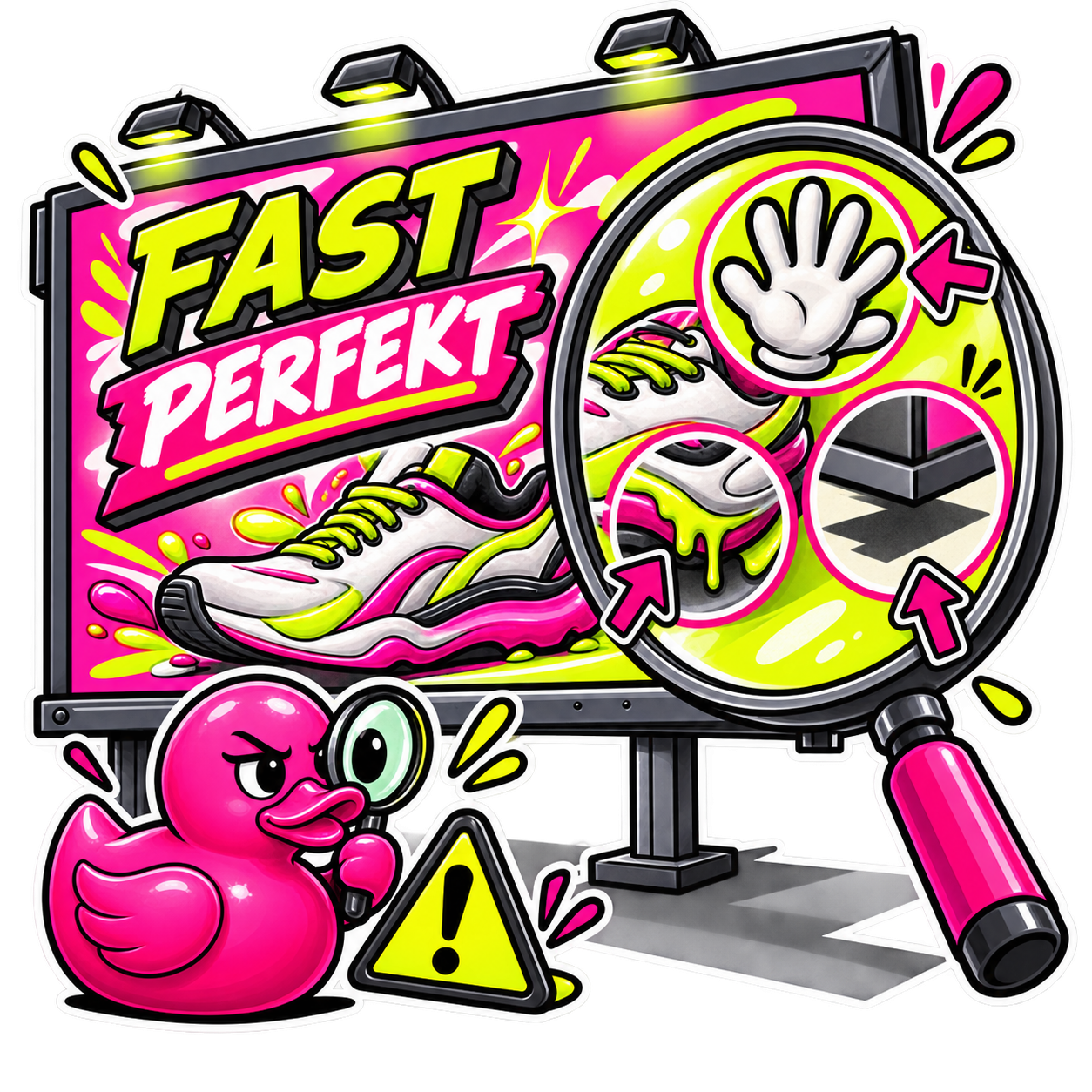 Pinke Ente untersucht mit einer Lupe Fehler in einem scheinbar perfekten KI-Werbeplakat