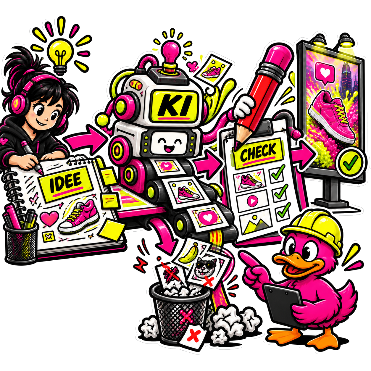 Comic-Workflow von der menschlichen Idee über ein KI-Werkzeug zur Qualitätskontrolle durch eine pinke Comic-Ente