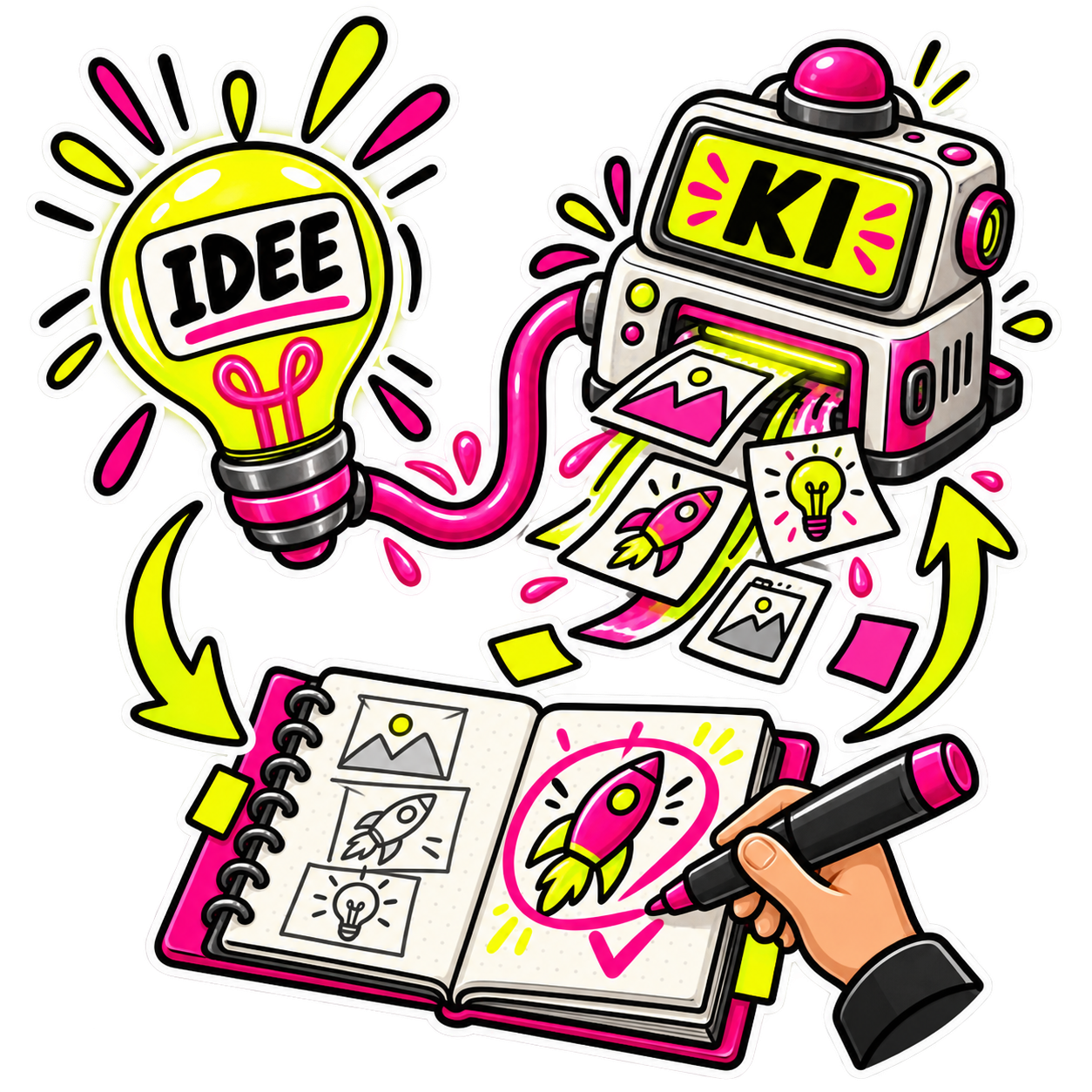 Comic-Illustration einer Idee, die über ein KI-Werkzeug in ein menschlich ausgewähltes Design überführt wird