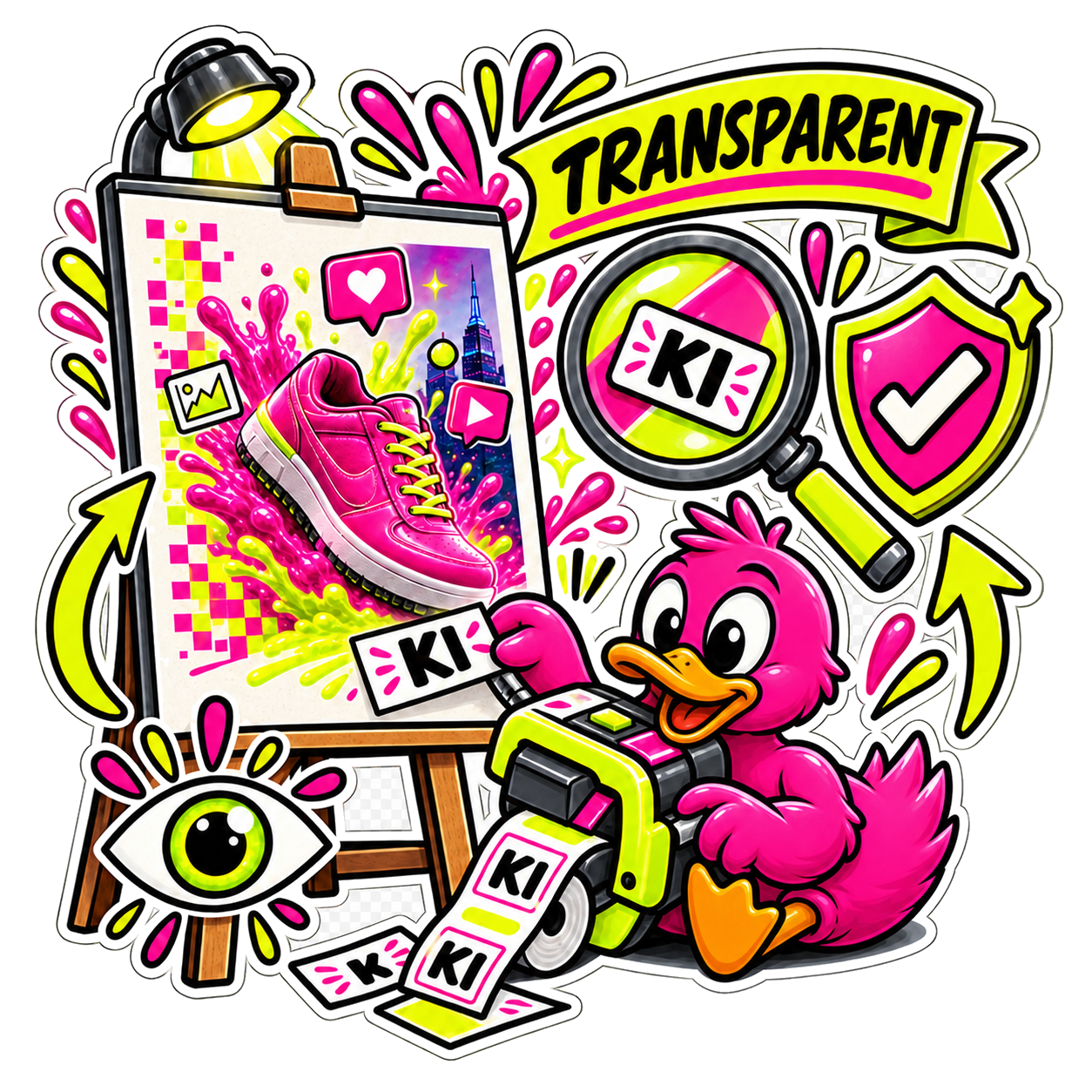Pinke Comic-Ente mit orangefarbenem Schnabel kennzeichnet ein KI-Werbemotiv transparent und stärkt Vertrauen