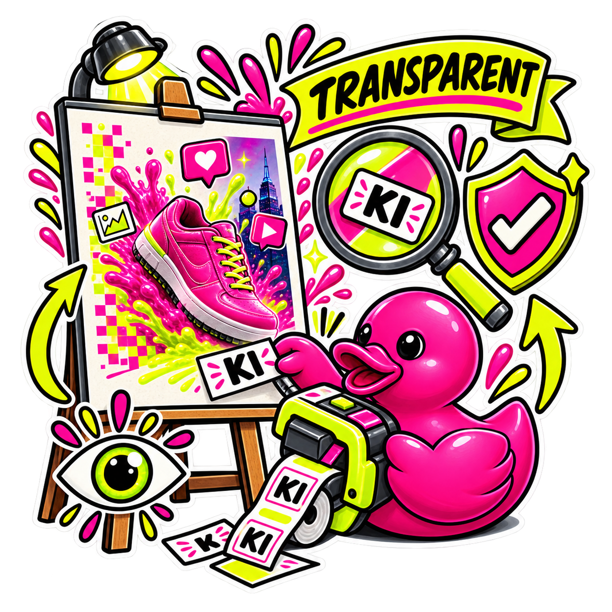 Pinke Ente kennzeichnet ein KI-Werbemotiv transparent und verbindet die Markierung mit Sichtbarkeit und Vertrauen