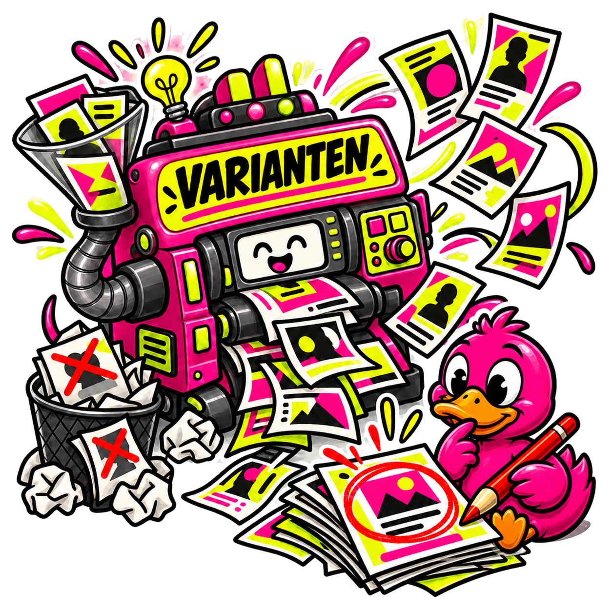 Comic-Illustration einer Variantenmaschine, während eine pinke Comic-Ente mit orangefarbenem Schnabel Werbeentwürfe auswählt