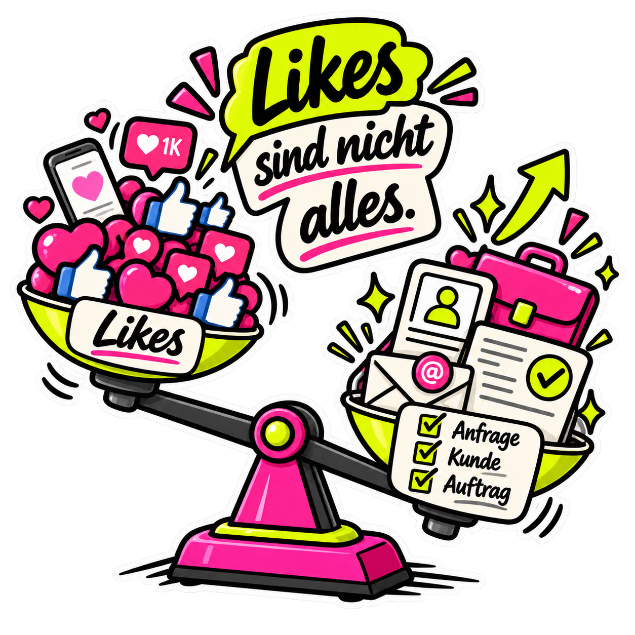 Illustration einer Waage mit Likes auf der einen und Anfragen, Kunden und Aufträgen auf der anderen Seite