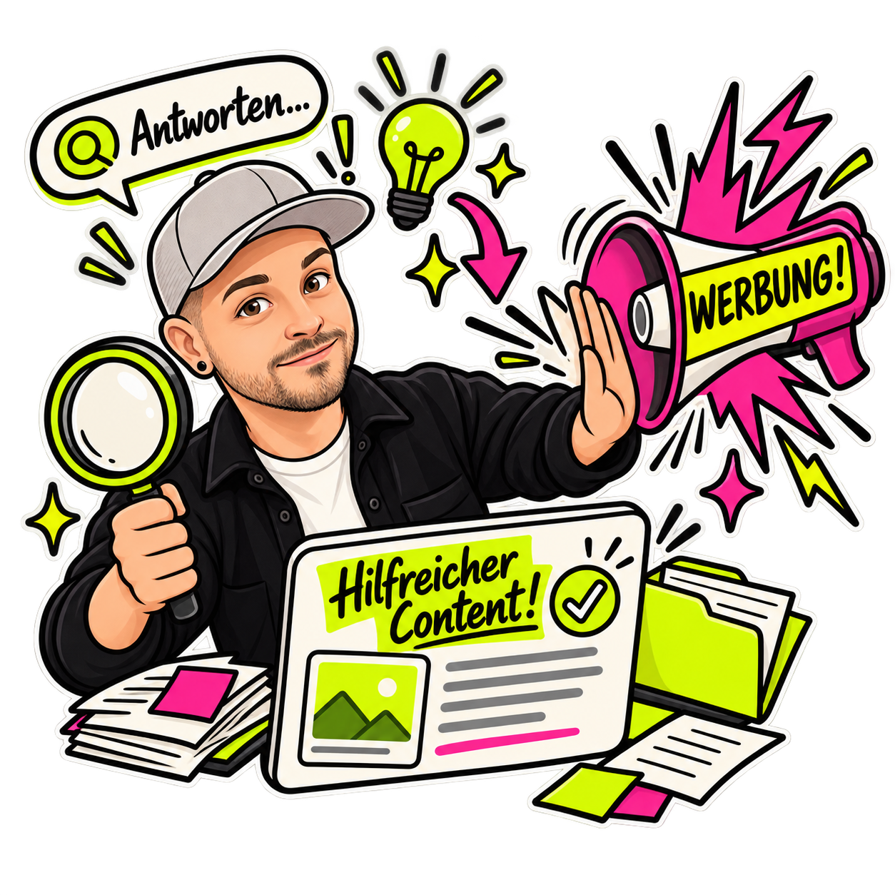 Illustration zum Unterschied zwischen aufdringlicher Werbung und gezielt gesuchtem hilfreichem Content