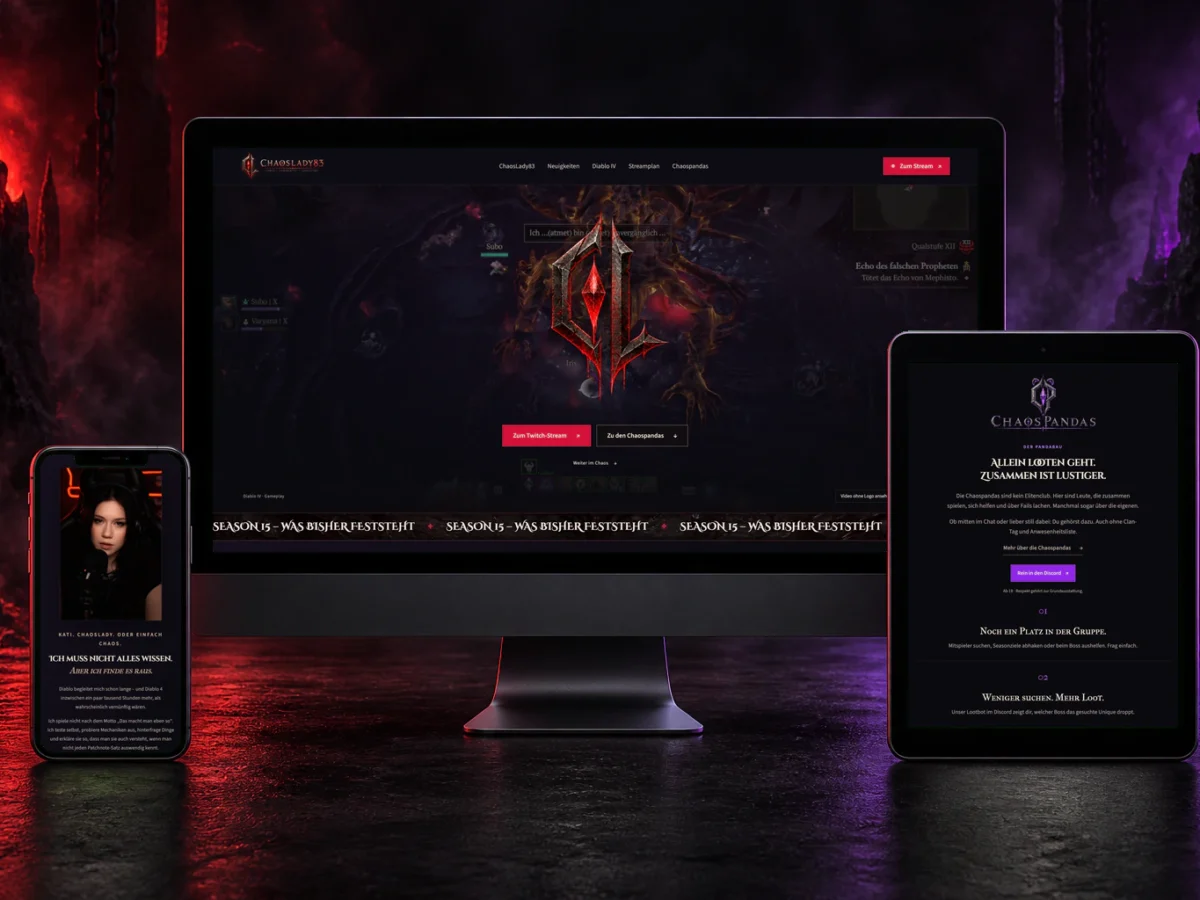 ChaosLady83-Website auf Desktopmonitor, Tablet und Smartphone mit rotem und violettem Hintergrund.