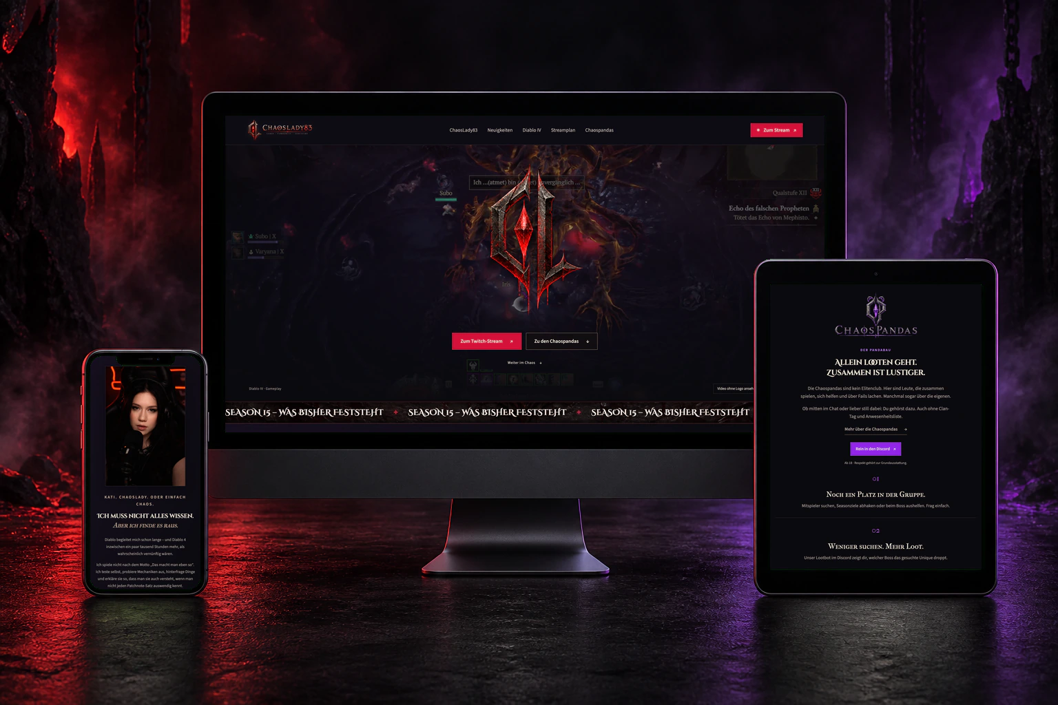 ChaosLady83-Website auf Desktopmonitor, Tablet und Smartphone mit rotem und violettem Hintergrund.